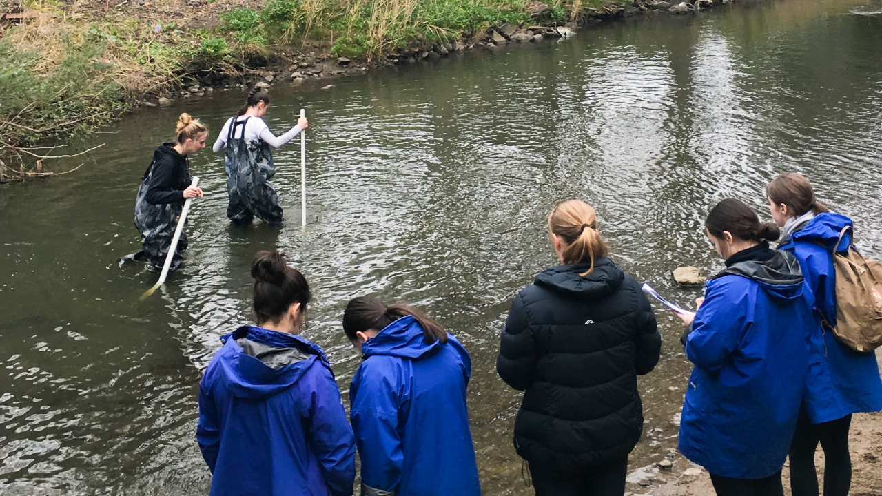 Group of secondary students explore waterways, learning about biodiversity.