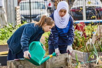 Two students water a seedling in a school garden, a bit like how fundraising helps your project grow